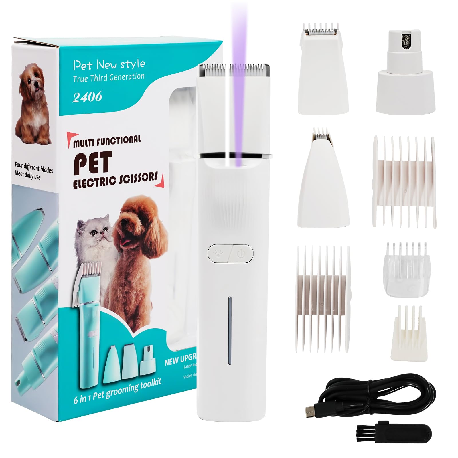 4 En 1 Maquina Cortar Pelo Perros, Cortapelos Perros Con Luz LED Y UV Lamp, Silencioso Maquinilla Cortar Pelo Para Perros Y Gatos, Para Patas, Nalgas, Nudos, Largo Y Ondulado (Blanco)