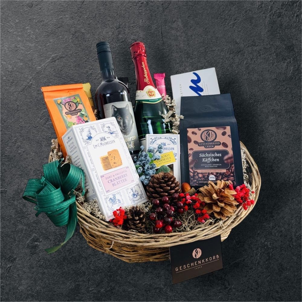 Rotkäppchen und der Wolf Geschenkkorb | Geschenkidee mit feinen Delikatessen | Hochwertiger Präsentkorb für jeden Anlass | Schön verpackt und bereit zum Verschenken