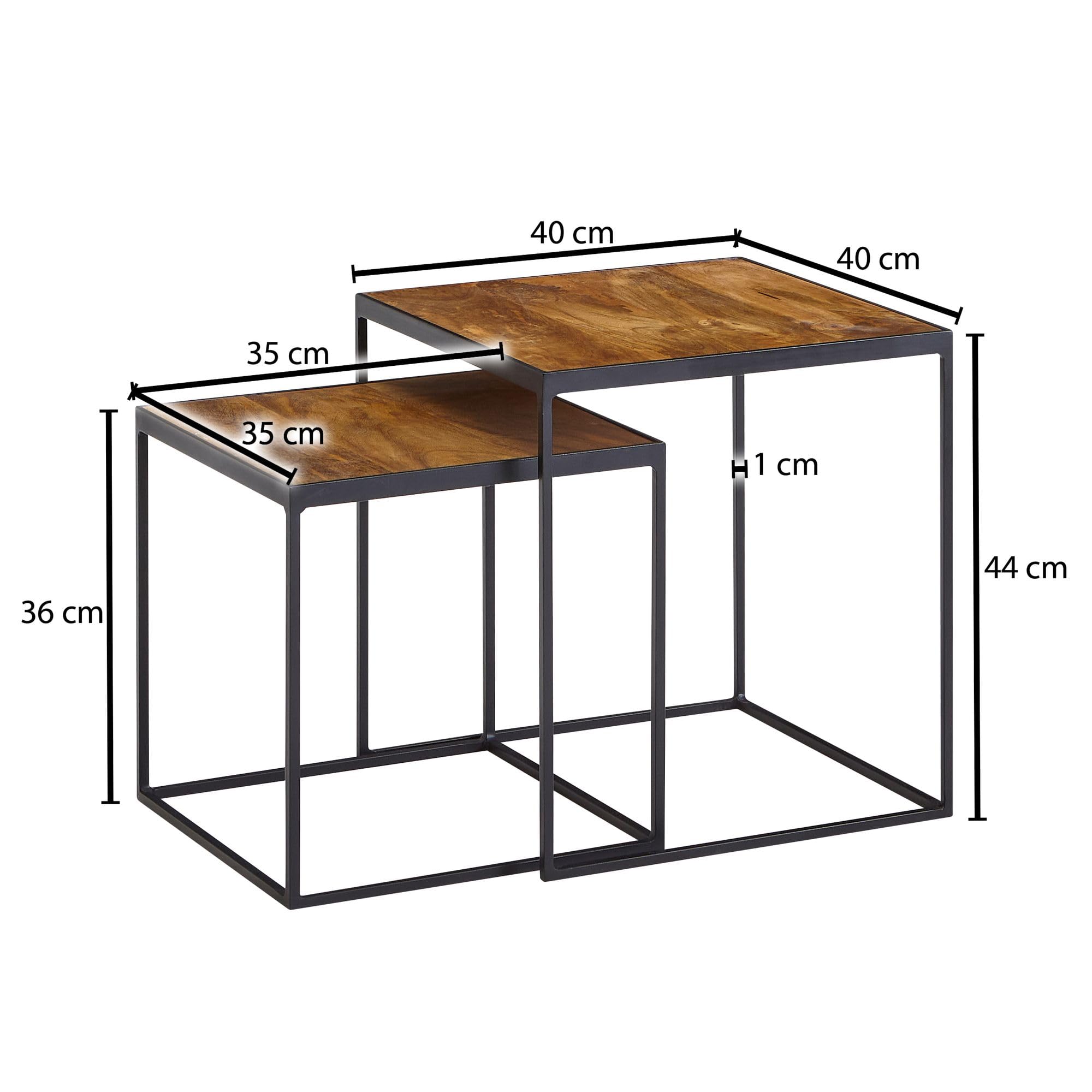 FineBuy Wohnzimmertisch 2er Set Mango Massivholz/Metall Beistelltisch Eckig, Design Beistelltisch Industrial, Sofatisch Couchtisch Quadratisch, Tischset 2-teilig Satztisch Braun