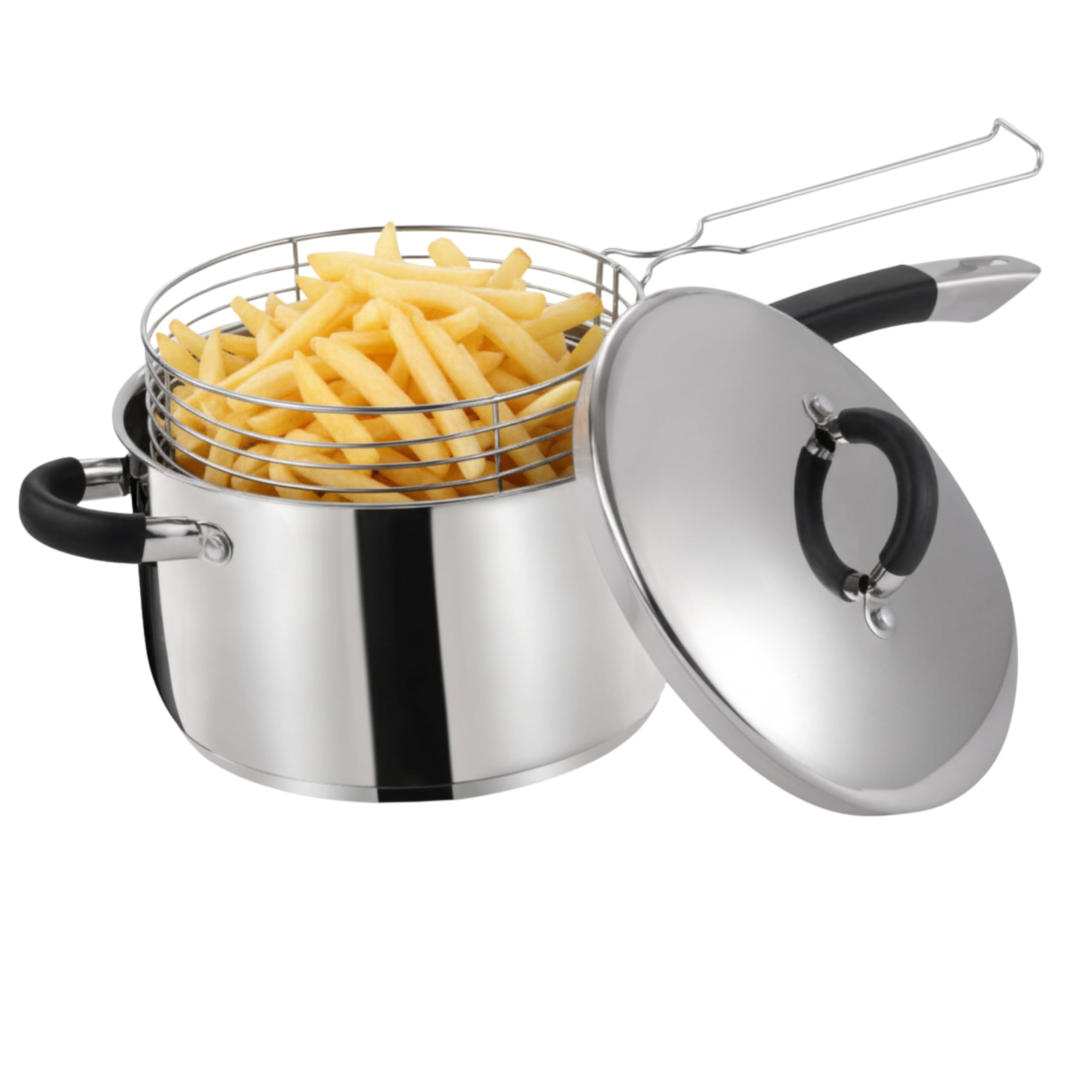 Unique Craft 22CM DEEP Fat Fryer Set | 8.6 Inch 3PC Stainless Steel CHIP PAN | CHIP Pans with Basket and LID | Home | Kitchen |Cooking | Silver Mirror Finish Body (22cm)