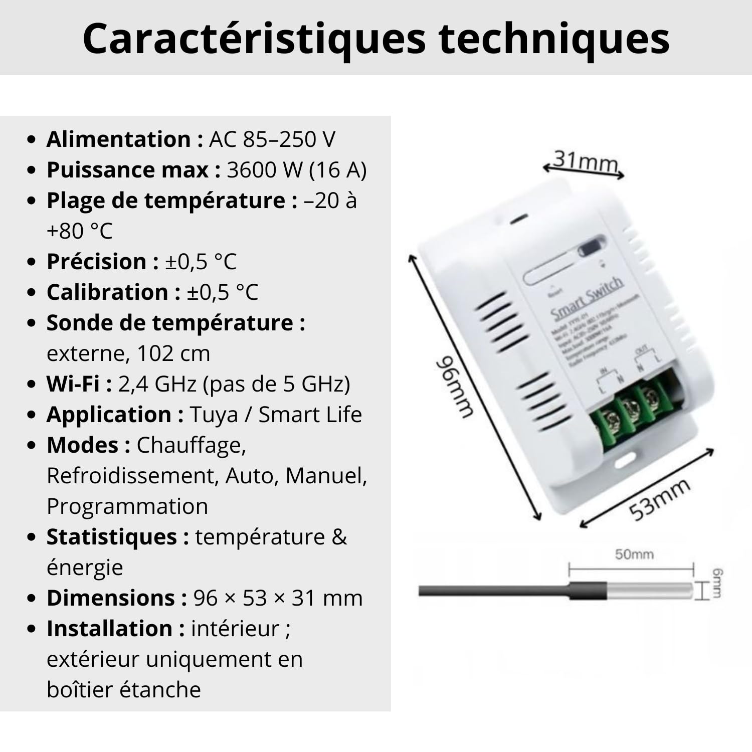 Sone Smart One Thermostat WiFi avec Sonde Température – Relais 16A 3600W pour Chauffage, Pompe ou Chauffe-Eau – App Tuya/Smart Life, Alexa, Google Home
