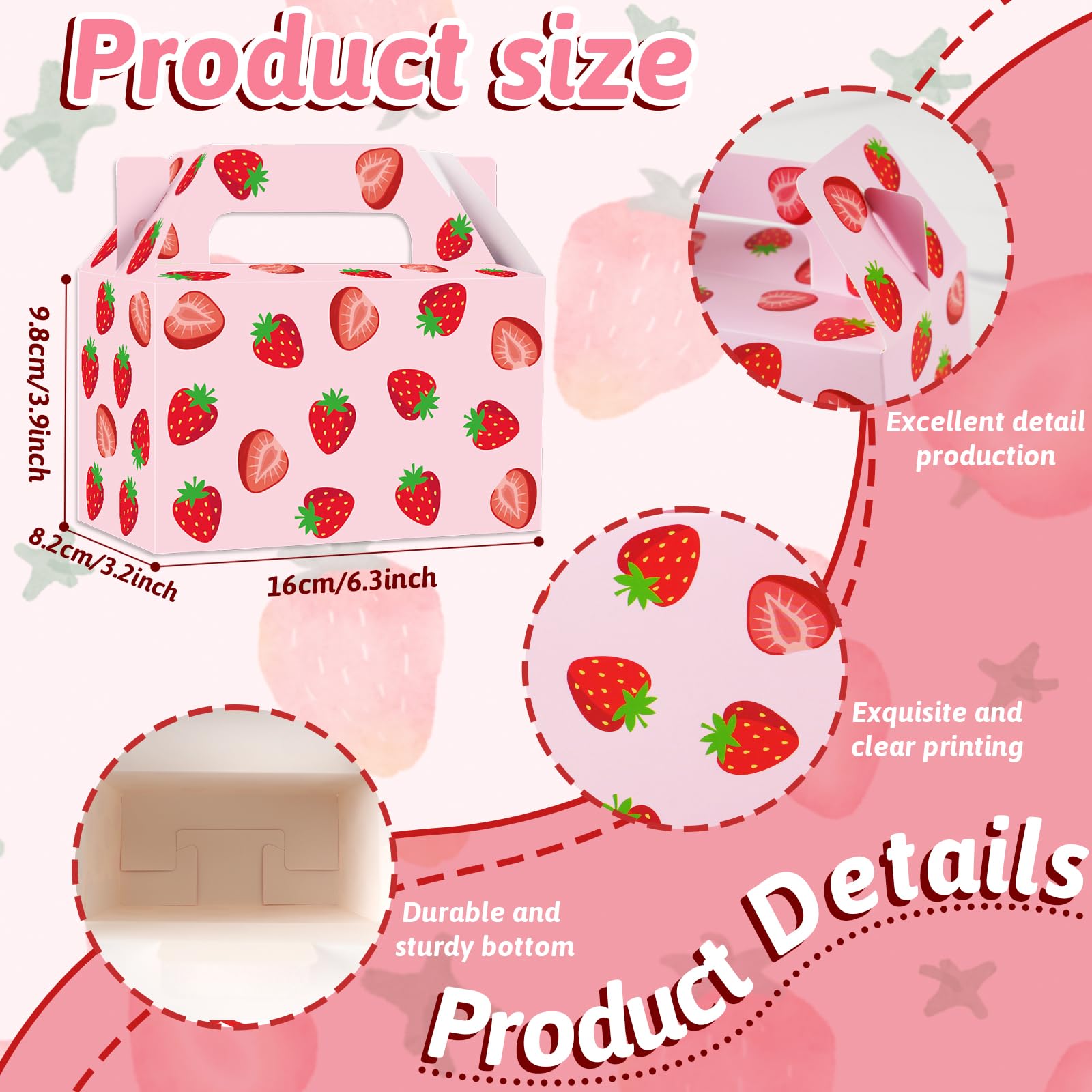 GRADESIN Strawberry Box for Party Favors, 24 Pcs Strawberry Gift Candy Treat Boxes Bags for Berry First Birthday Baby Shower Party Decor Supplies, 6.3 x 3.2 x 3.9 Inch