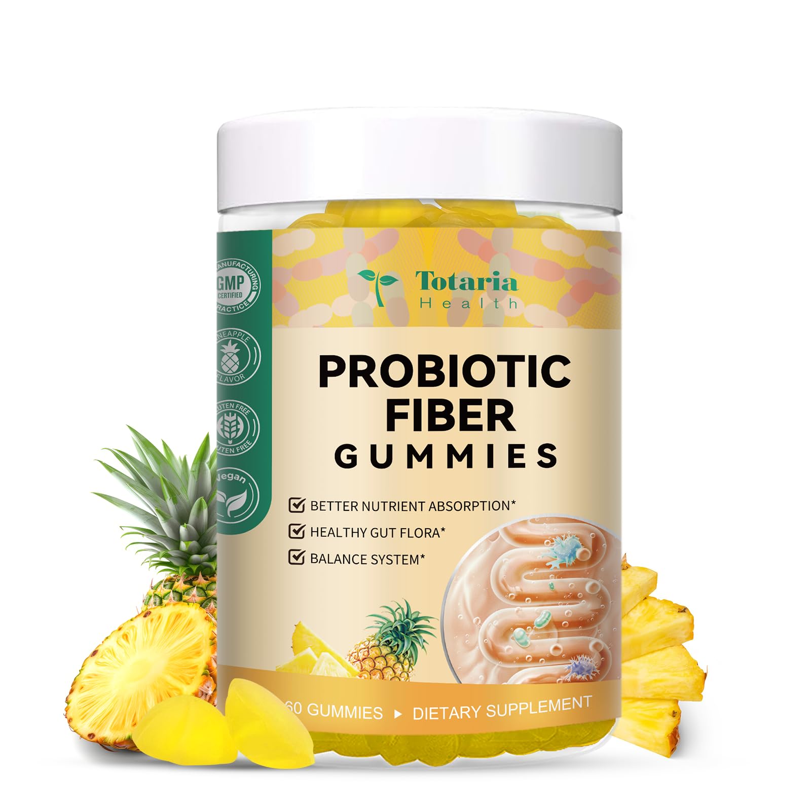 9-in-1 Sugar-free Probiotic Fiber Gummies for Adults & Teens, Pineapple Pineapple 60 Count (Pack of 1)