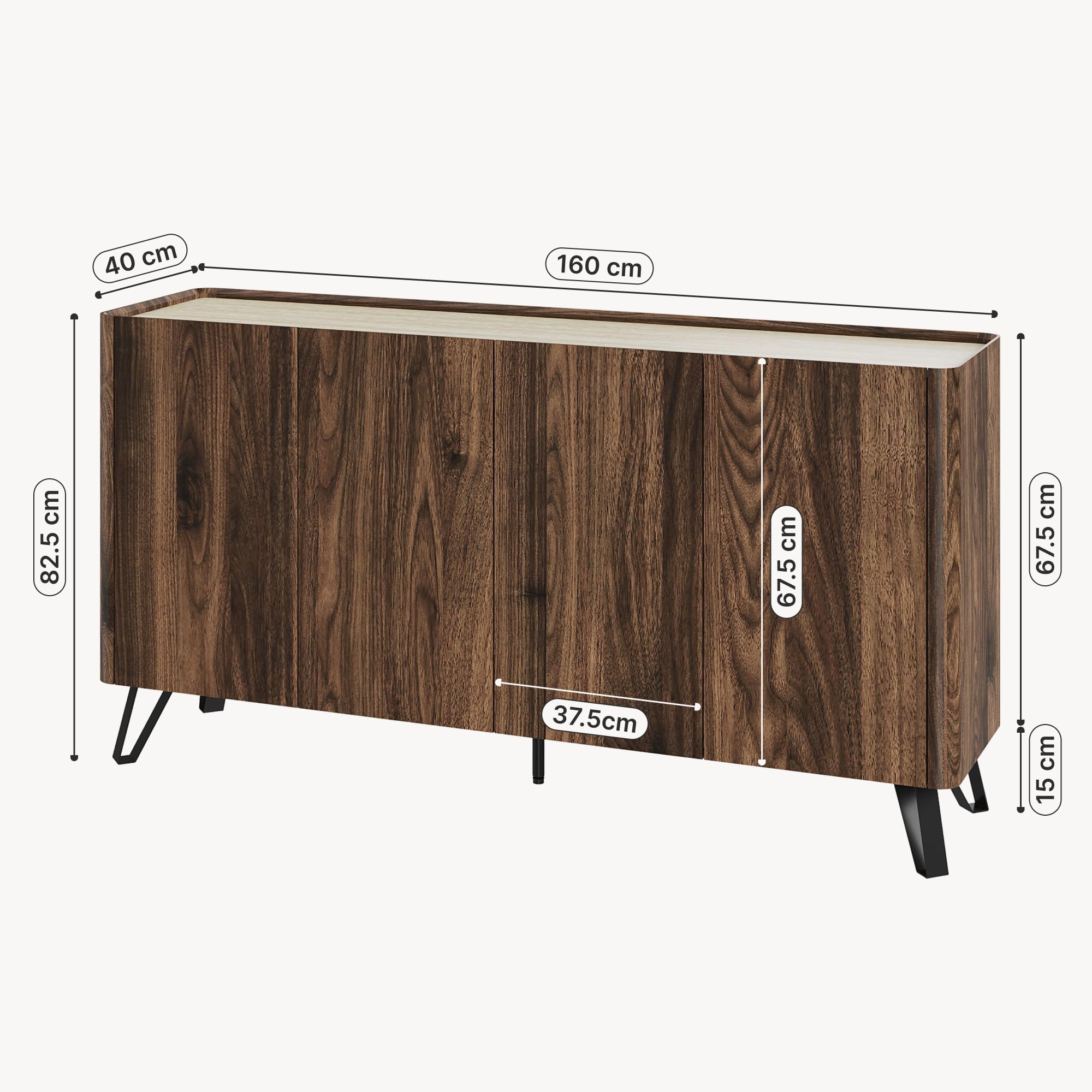[en.casa] Sideboard Trorlon mit 4 Türen 160x40x83 cm Walnuss/Travertin
