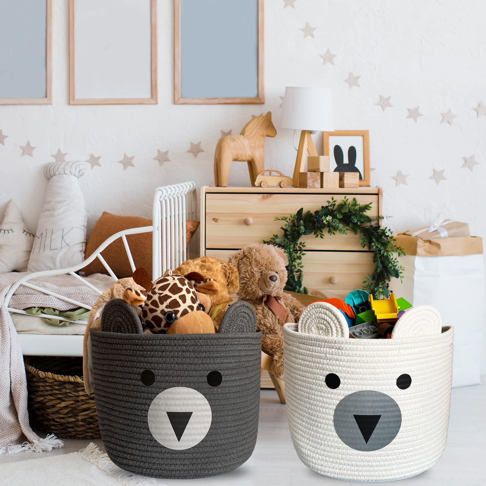 2 Cesti Portaoggetti In Corda Di Cotone | Pieghevoli, Per Bambini, Grigio E Bianco - Foto 10