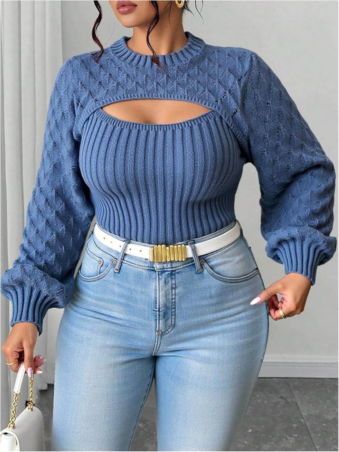 SHENHE Women's Plus Size Sweaters Long Sleeve Mock Neck Cutout Sweater Fitted Knit Tops - Image 3