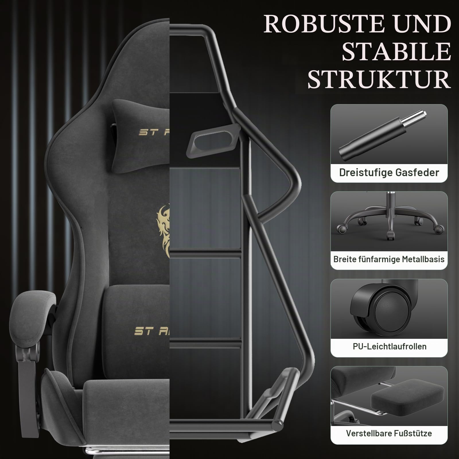 Verdego Gaming Stuhl Ergonomisch, Gaming Chair mit Massagefunktion, Fußstütze, Gamingstuhl Samt, Höhenverstellbar, Gamer Stuhl Verstellbare Rückenlehne 90-125°, Linkage Armlehnen (Schwarz)