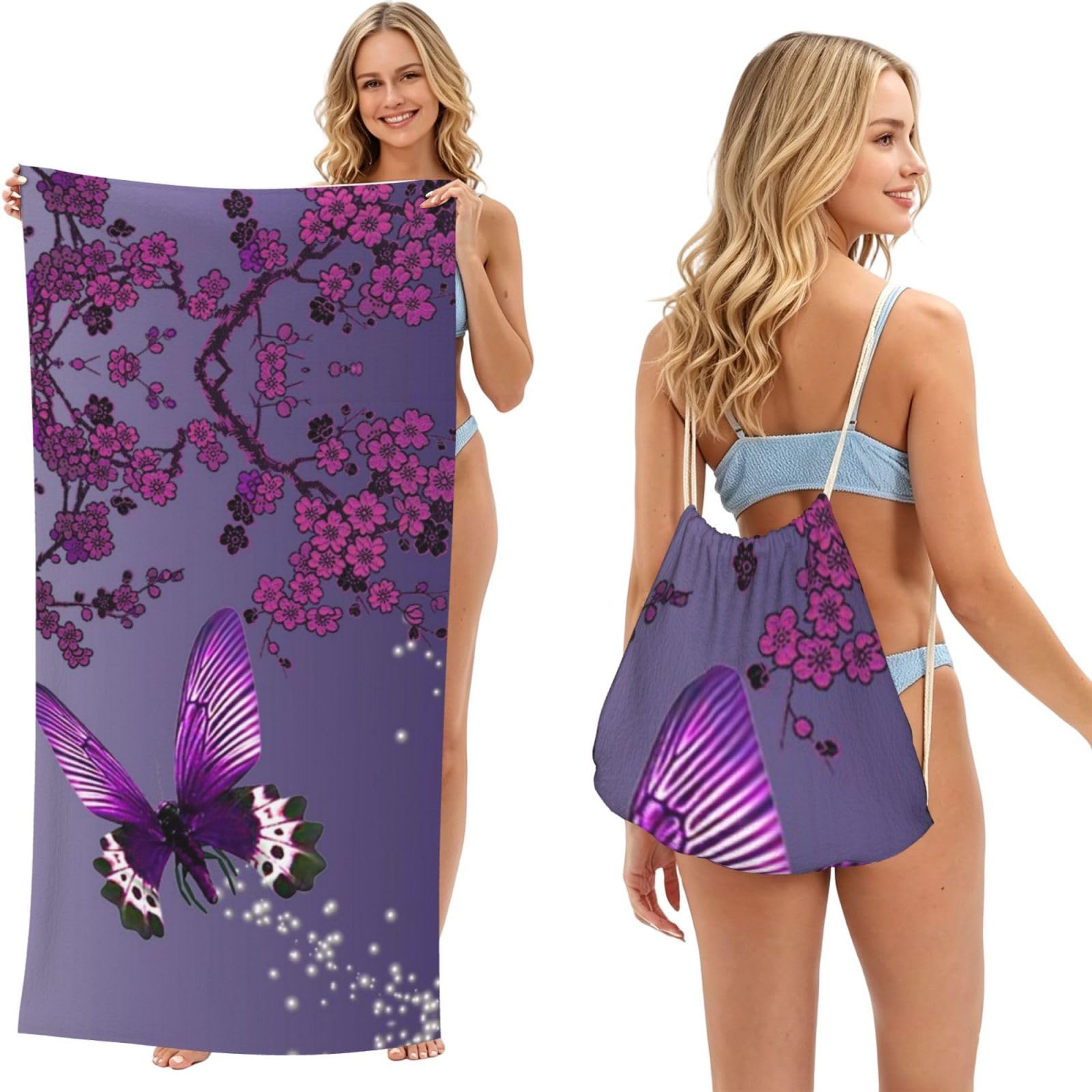 EZDLOWVBA Purple Plum Butterfly Print Beach Towel Backpack 2 In 1 Summer Large Lightweight Beach Towel - Multifunctional Ship Pattern Towel Bag For Storage,Sport