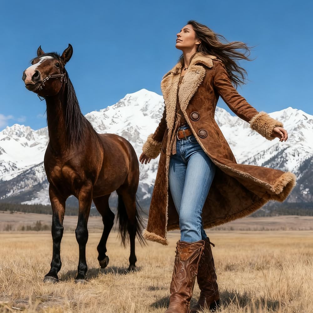 70s Vintage western coats for women - Faux Suede Sherpa Lined Midi Long Jacket brown suede coat - Image 5