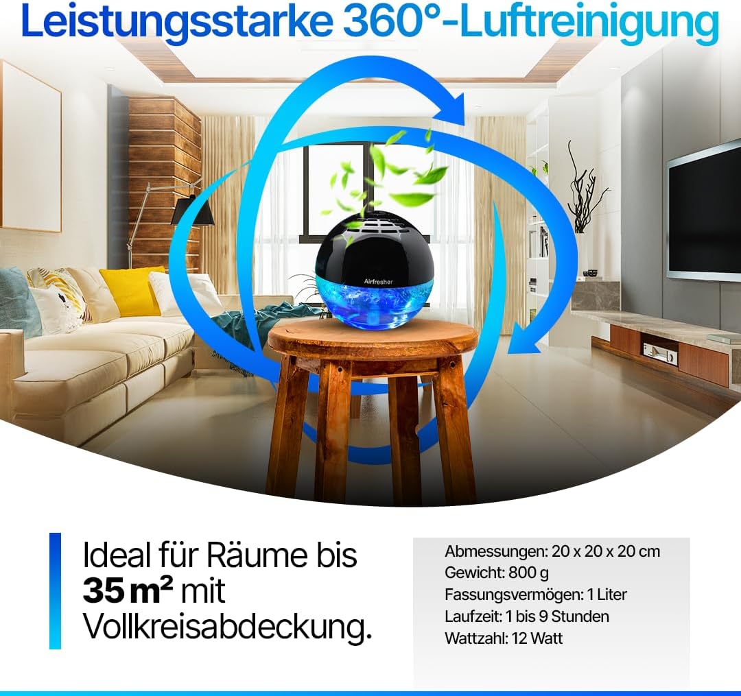 Aspira AirFresher in a living room showing 360-degree air purification