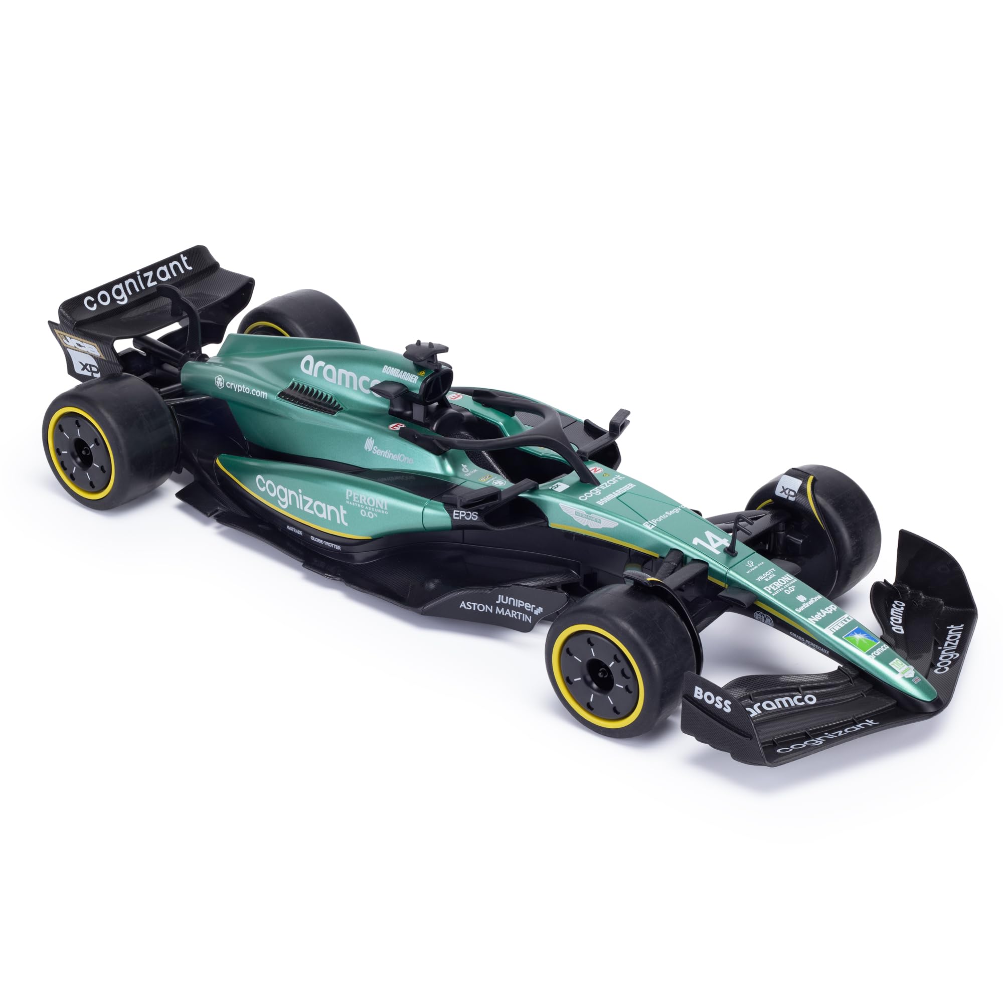 Aston Martin F1 - Coche teledirigido AMR22 (Escala 1:14) – Mando a Distancia de 2,4 GHz – Modelo de Coche de Carreras de Aston Martín – Conductor: Fernando Alonso & Lance Stroll – Fórmula 1