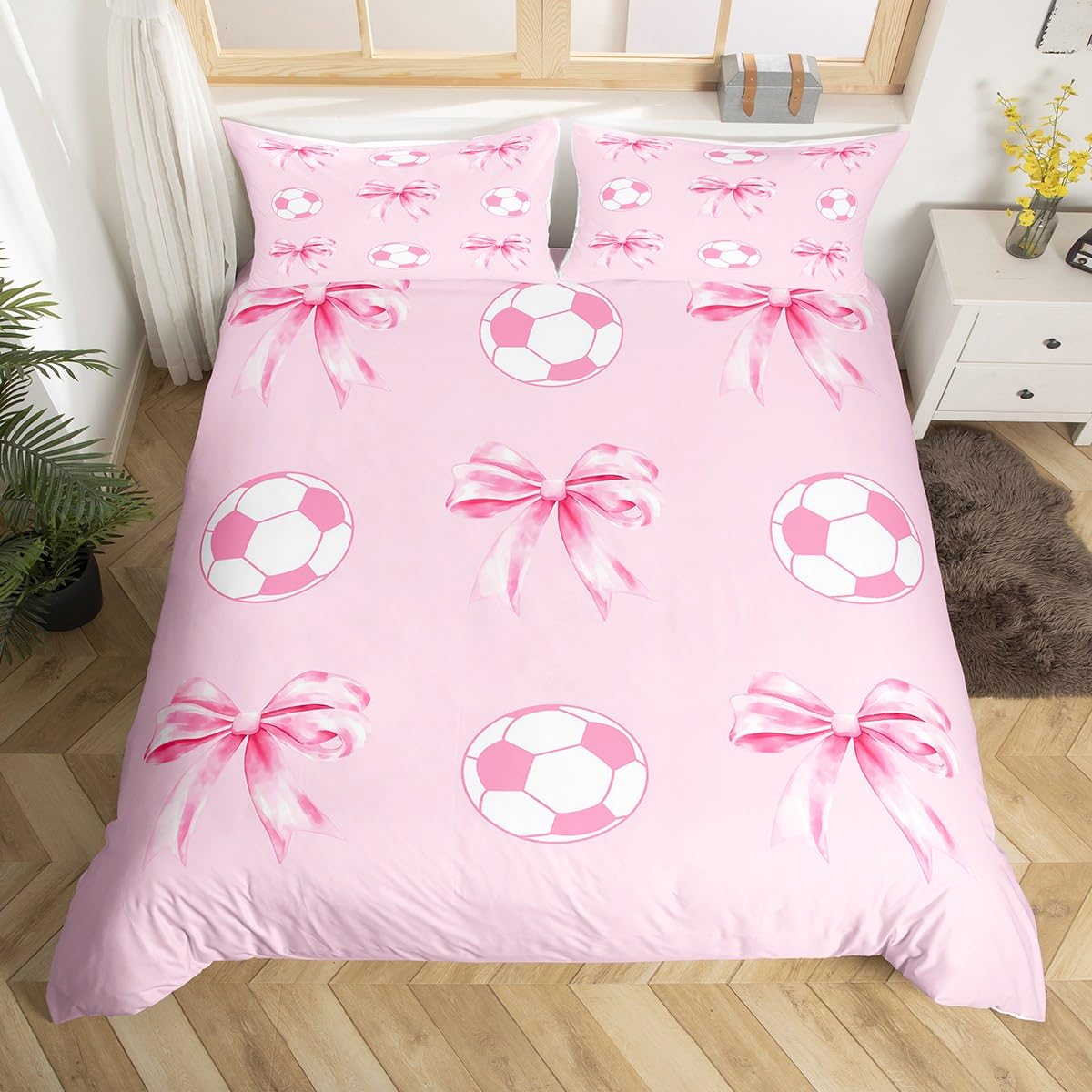 Castle Fairy Football Pink Duvet Cover Toddler Size,Girly Soccer Bow Soft Bedding Set,Cute Bowknot Princess Style Comforter Cover 2PCS,Sport Lover Quilt Cover,1 Pillowcase(Not Comforter)