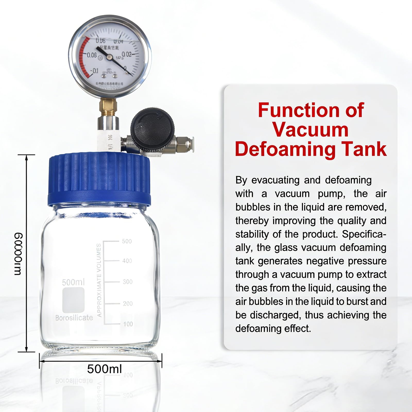 Cámara de desgasificación de laboratorio de 250/500/1000 ml, cámara de vacío de vidrio, con medidor de vacío de acero inoxidable, removedor de burbujas de resina, buen sellado, para silicona y epoxi