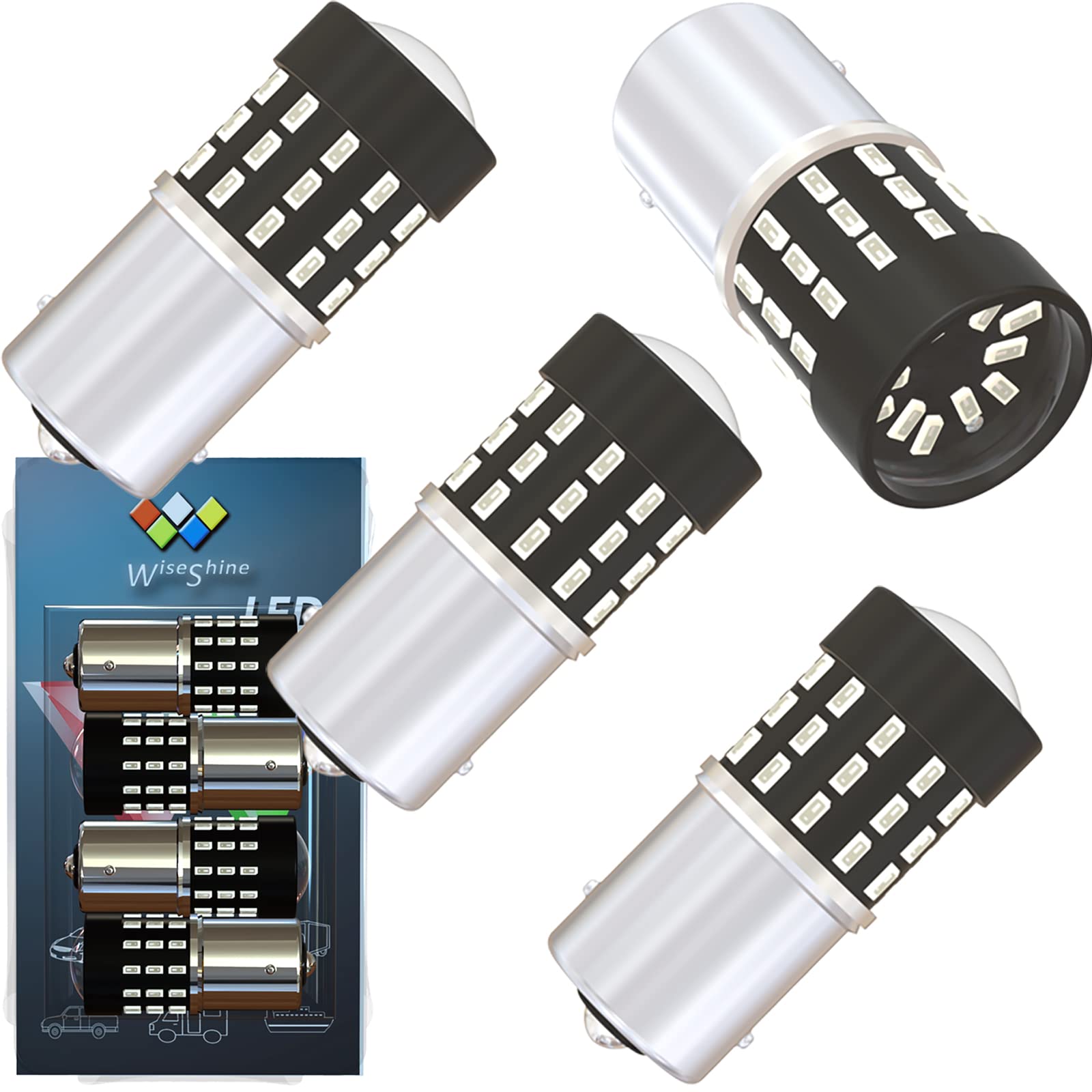 Wiseshine BA15S P21W 1156 1093 1141R 7506R 1003 1073 1159 1295 7507 7511 Red 54smd 3014 12V-24V Super Bright LED for Brake Tail Rear Stop Parking light Bulb Bulbs of Cars Trucks RV(pack of 4)