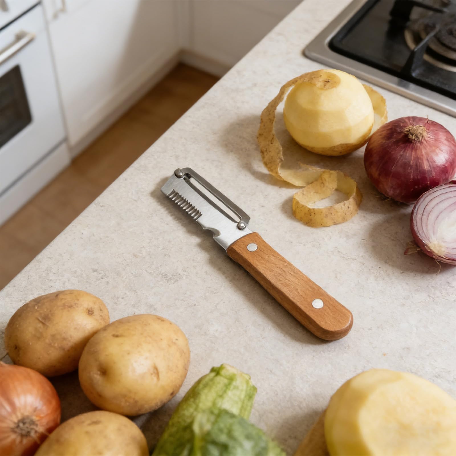 3 in 1 Sparschäler, 2026 Neu Multifunktionaler Gemüseschäler für Die Küche, Edelstahl Gemüseschäler Mit Schredderfunktion, Kartoffelschäler mit Flaschenöffner, Universalschäler für Tomaten Obst (4PC)