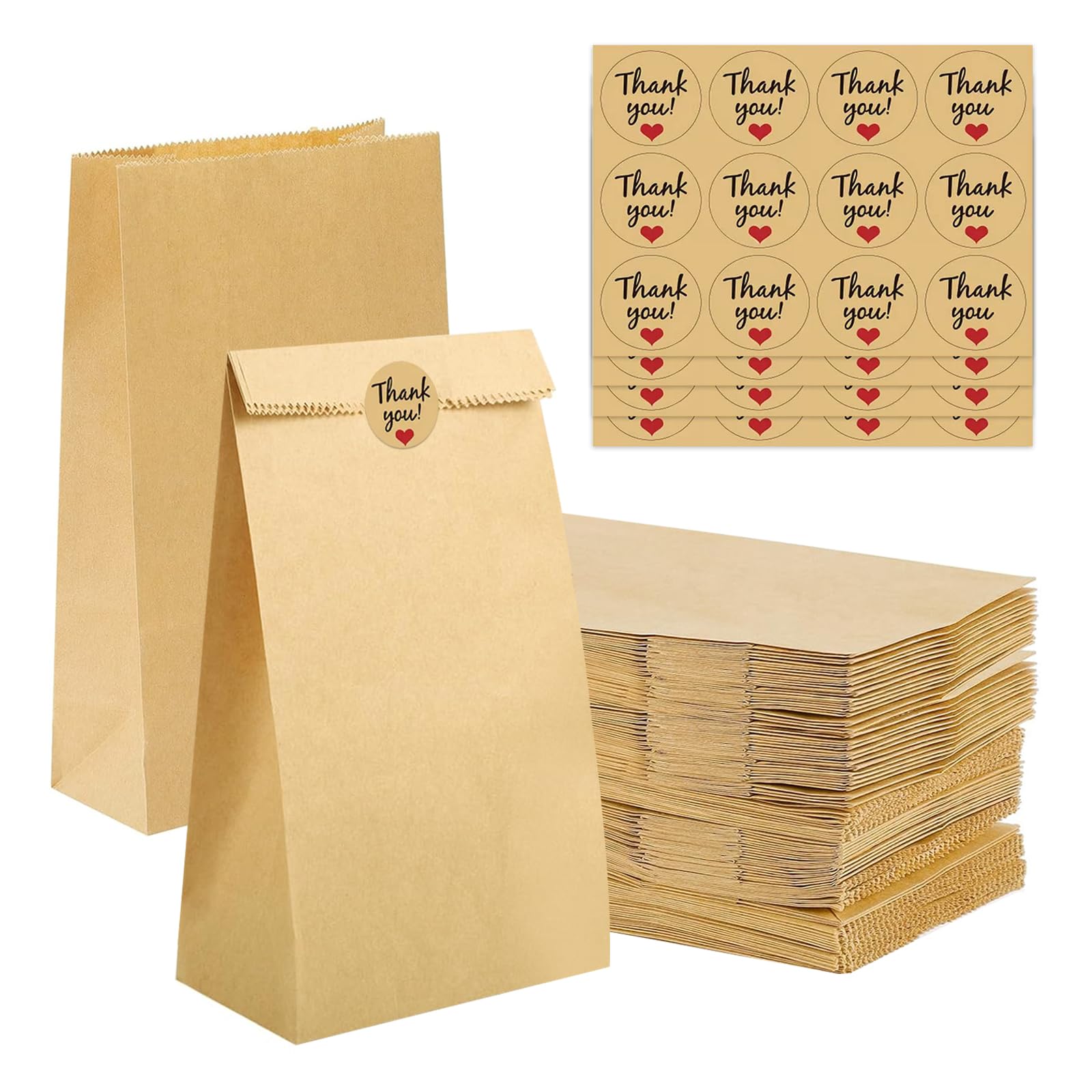 60Pcs Small Brown Paper Bags, 9 * 5.5 * 18 CM Foldable Kraft Paper Bag, Oil-Proof Kraft Gift Bags with Stickers, Favor Gift Candy Bag for Grocery Birthday Snack