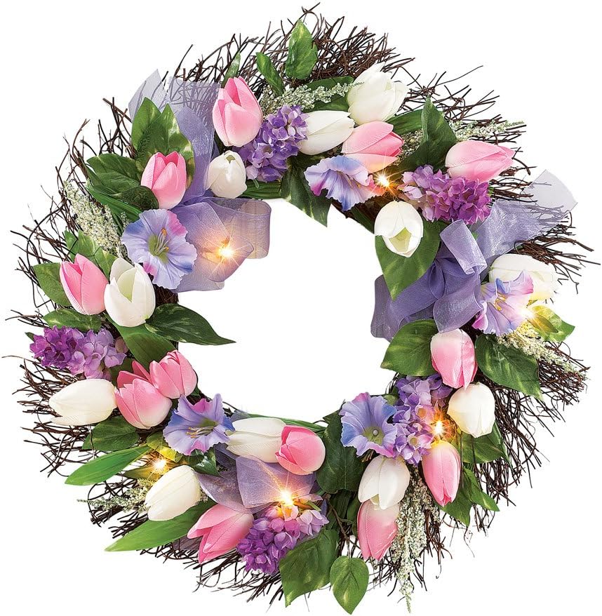 Collections Etc Tulips & Flowers Lighted Twig Wreath 17" x 17" x 4.5"