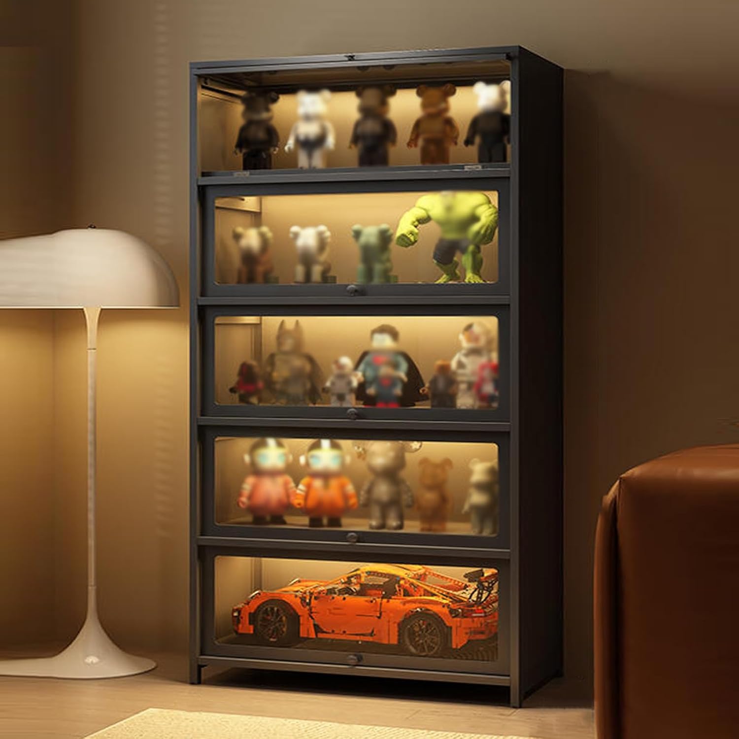 Display Cabinet Toys Display Shelf，Glass Display Cabinet Glass Display Case Showcase Countertop Glass Display Shelf Curio Cabinet with Bookcase Display Shelves (Color : Black, Size : 5F-120x