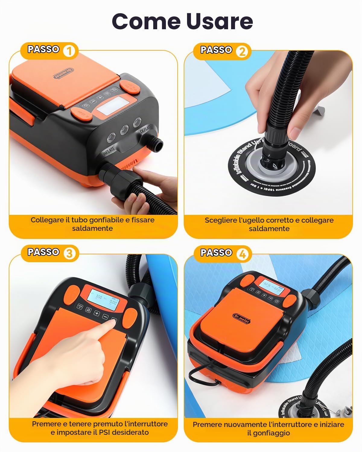 Dr.meter Pompa Elettrica, 6000mAh Pompa Elettrica SUP 12V DC Alimentato ad Alta Pressione con 2 porte USB 3 Luci LED e 6 Ugelli per Piscina,Materasso,Paddle