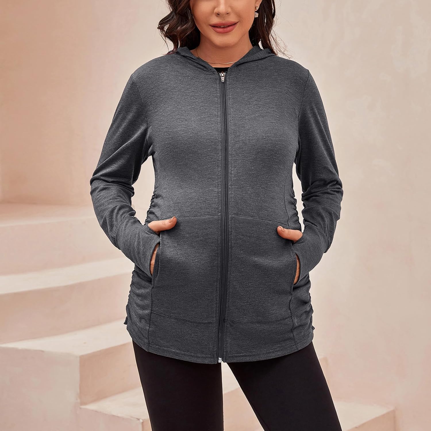 DEBELLY Maternity Sweatshirts Long Sleeve Full Zip Hoodie Casual Pregnancy Women Jacket Top with Pockets,Thumb Hole,Side Ruch - Image 2