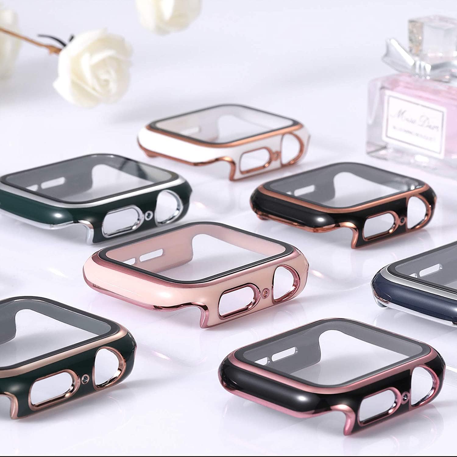 Cover for Apple Watch Case 45mm 41mm 44mm 40mm 42mm 38mm Accessories PC Tempered Glass Screen Protector iWatch Series 7 8 5 6 SE (Color : Black Rose, Size : 42mm Series 321)