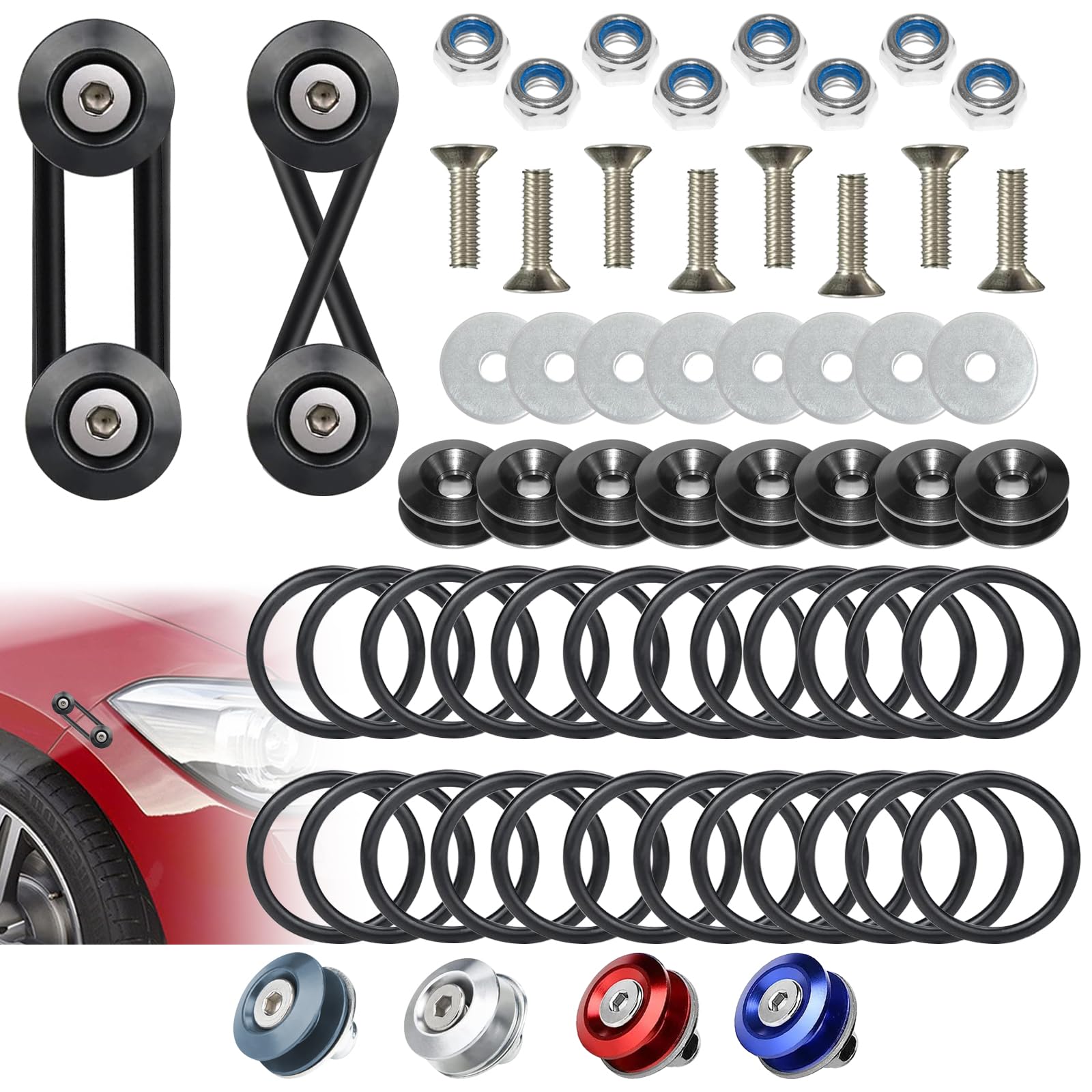 Universal Bumper Clips, Front Rear Bumper Quick Release Kit, Bumper Holders for Cars (8 Black Bumper Quick Release Tabs and 24 Customized O-Rings)