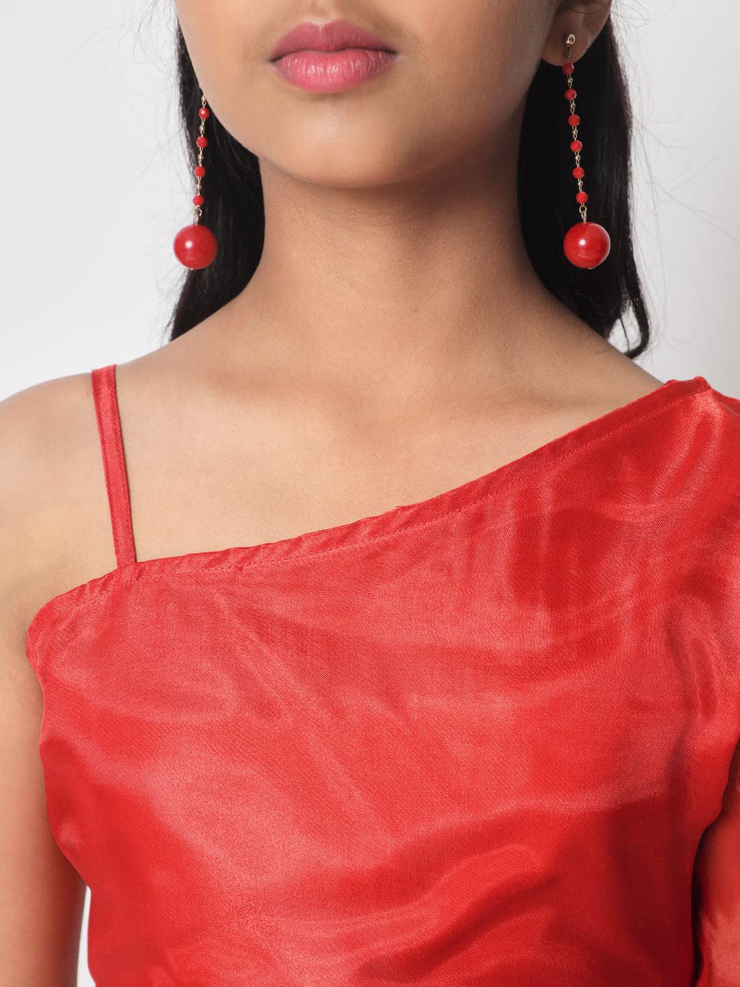 studio rasa Girls Organza One-Shoulder Kids Top for Wedding Festives Party (GTC12314/15-16_Red_15-16 Y) 2
