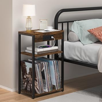 LELELINKY Brown Record Player Stand with Charging Station