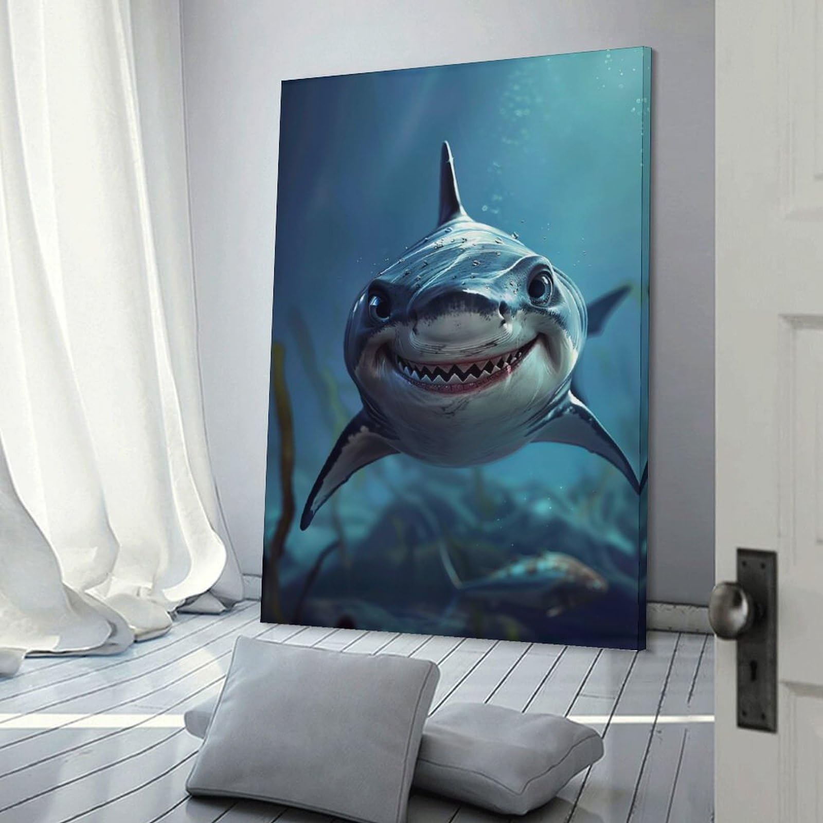 Junmoney Shark Sea Home Decor Wall Art 24x36inch(60x90cm), for Art Walls, Layered Displays Or Homes, A Versatile Canvas Print for Layering