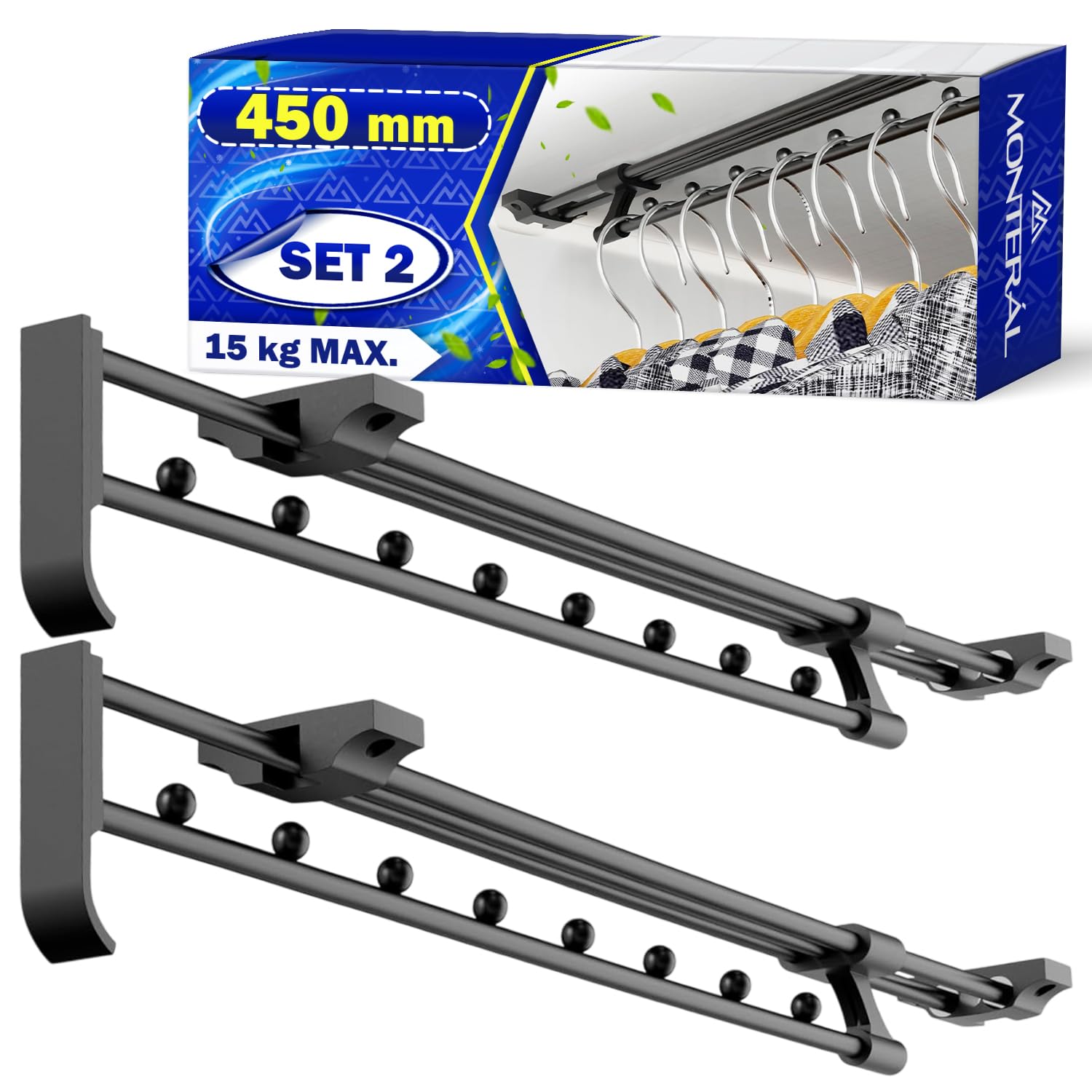 2x Appendiabiti Estraibile per Armadio 450 mm Carico Massimo 15 kg | Barra Appendiabiti Estensibile Realizzato in Acciaio - Garanzia di 10 Anni - MONTERAL