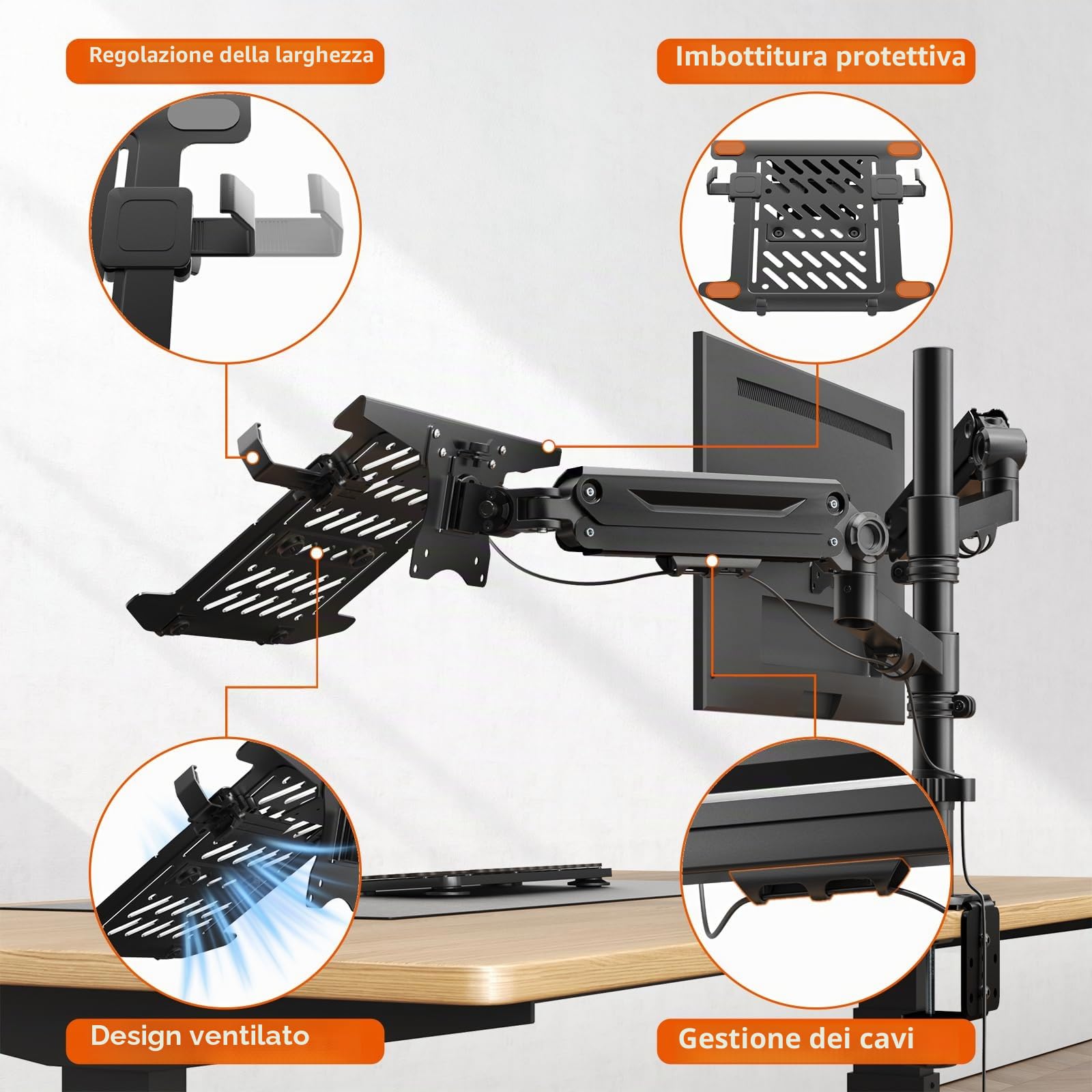PUTORSEN Supporto Monitor Braccio con Vassoio per Laptop, Regolabile Supporto per Notebook per Schermi LED LCD da 17 a 35 Pollici o Notebook Fino a 18 Pollici, Peso 9 kg,2 Tipi di Installazione