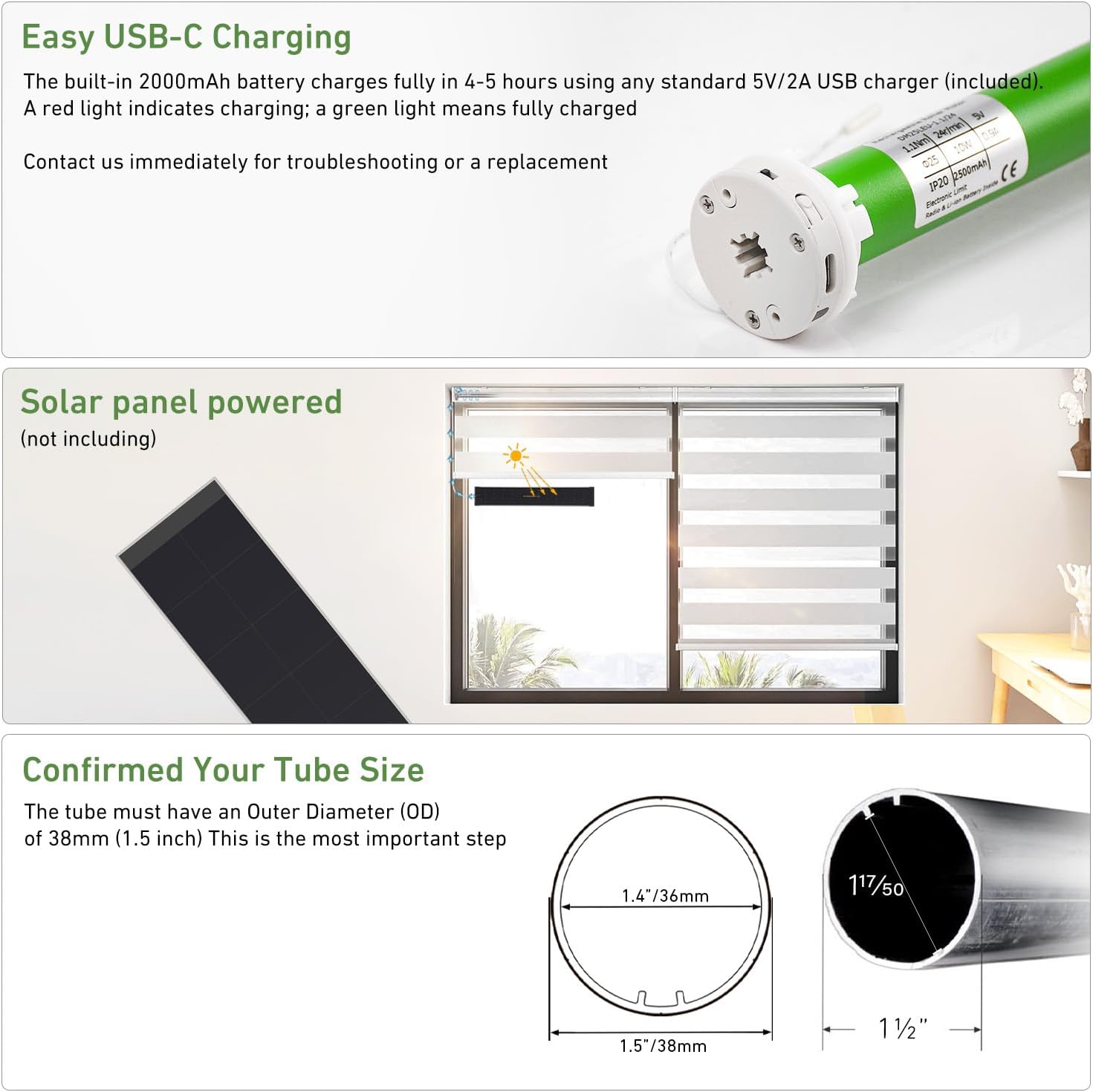 5V USB-C Tubular Motor Blinds Kit Retrofit Motorized Roller Blind with Remote Control, Rechargeable Smart Blinds for Windows
