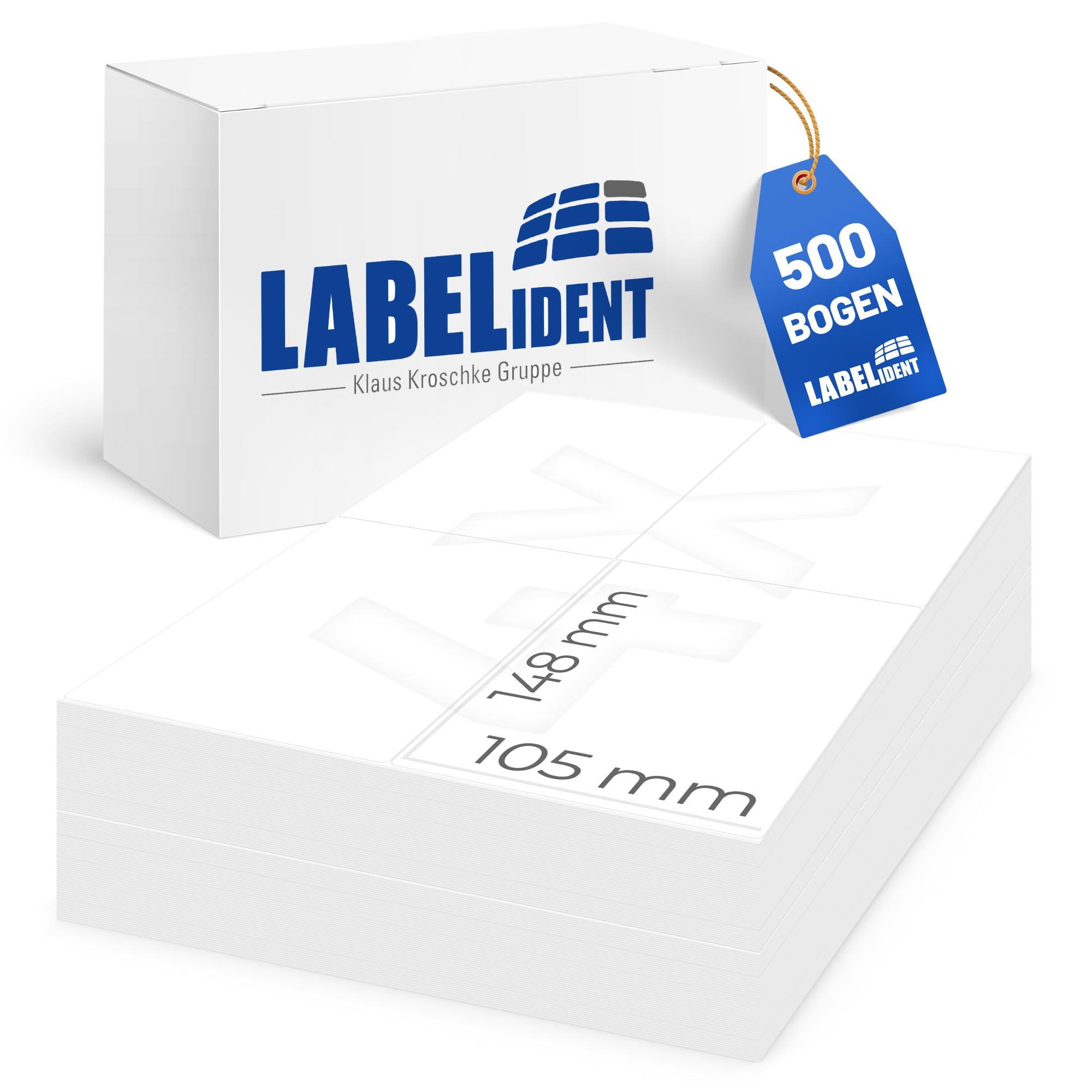 Labelident Laser-Etiketten 105 x 148 mm - 4 Etiketten pro A4-Bogen - 2.000 Etiketten (500 DIN A4 Bögen), selbstklebend, DIN A6 Adressaufkleber, Universal-Etiketten für Laser- & Inkjetdrucker