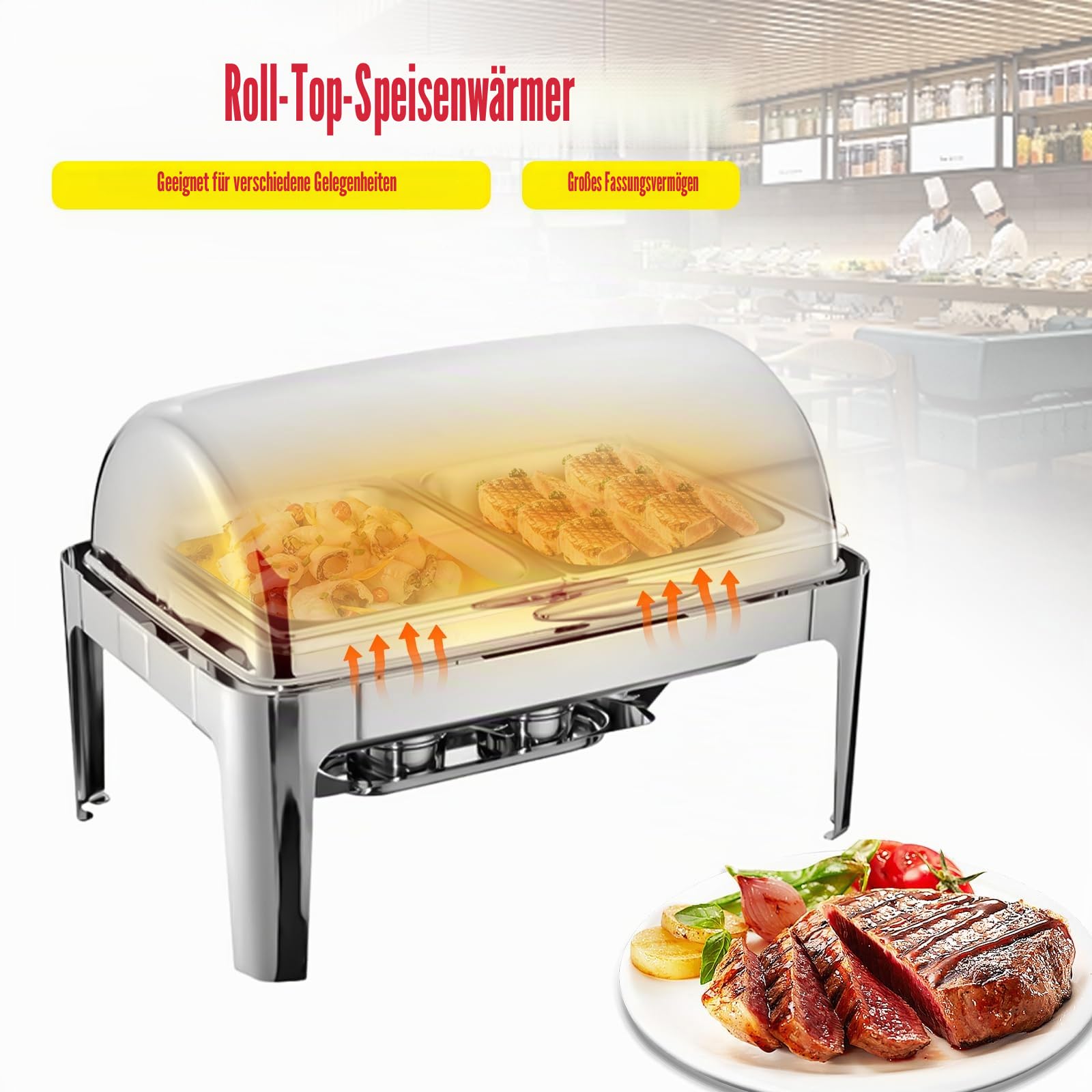 9l Edelstahl Speisenwärmer, Chafing Dish Mit Rolldeckel Speisenwärmer Warmhaltebehälter, Heizplatten Aus Rostfreiem Stahl für Catering Buffet und Party (635 X 440 X 440 mm)