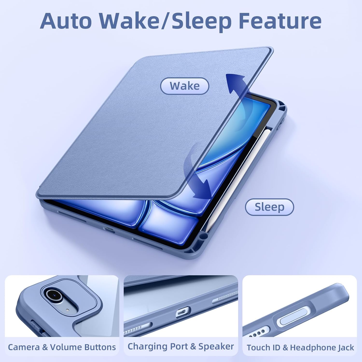 Wenlaty for iPad Air 11 inch Case (M4/M3/M2) & Air 5th/4th Generation Case 10.9 inch,for iPad Pro 11" 4/3/2/1 Gen,360° Rotating Cover, Detachable Magnetic Back,Pencil Holder, Auto Sleep/Wake,Bluemist