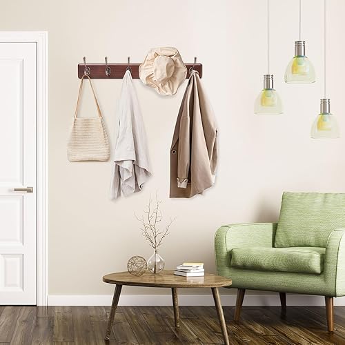 Miniatura 4 de Ganchos para abrigos de 23.6 pulgadas para montar en la pared, 6 ganchos vintage de madera maciza para sombreros, bolsos, llaves, ropa, mochilas