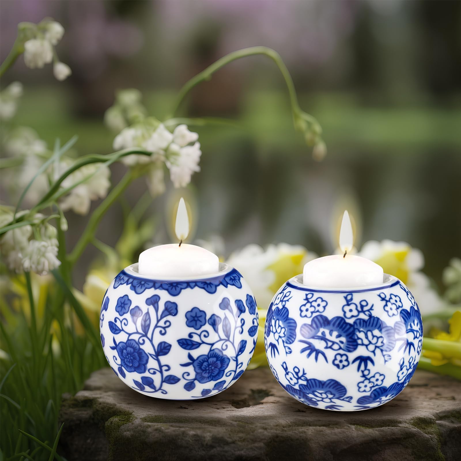 2Pcs Candle Holder - Blue And White Candlestick, Chinoiserie Decor Porcelain Tealight Candleholders, Votive Candle Holders, For LED & Wax Candles, Incense Cones, Spa