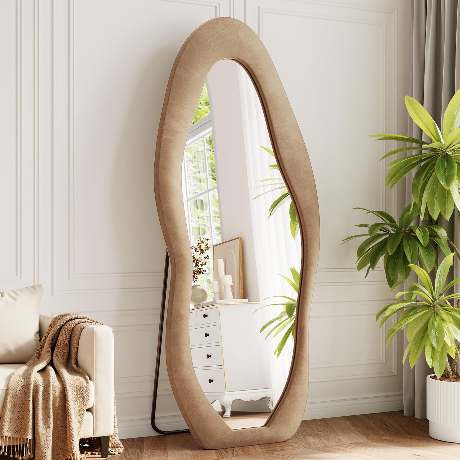 Photo 1 of FlyEcho Full Length Mirror, 71"x30" Full Body Mirrors, Flannel Floor Mirrors with Stand, Irregular Wavy Mirror Hanging or Leaning Against Wall for Bedroom Living Room, Brown