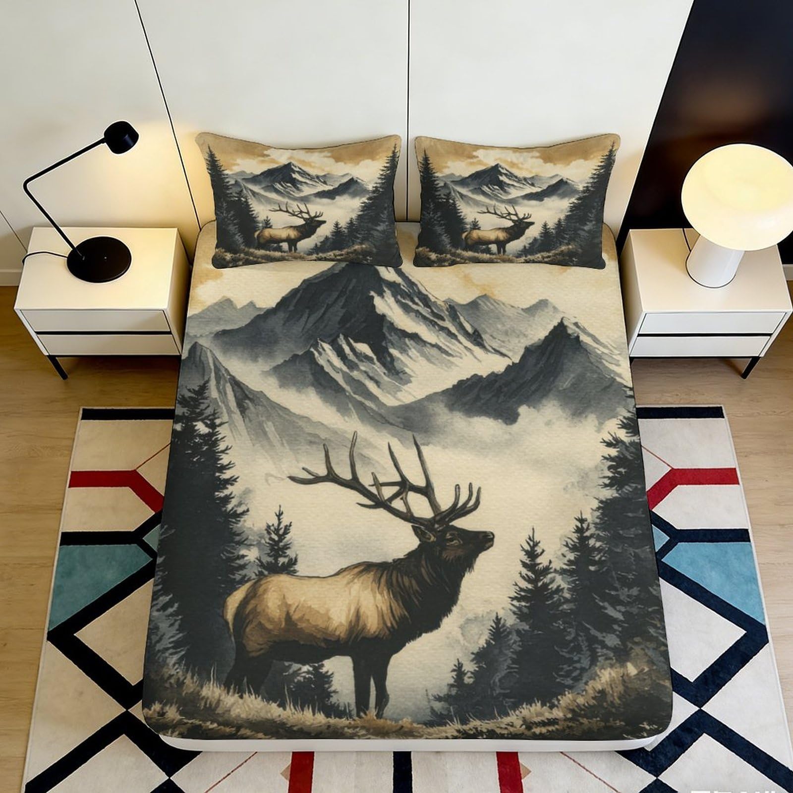 3D Printed Mountain Deer Fitted Sheet Microfiber Soft Anti-Slip Forest Landscape Mattress Cover for Bedroom Guest Room 90x200x25cm