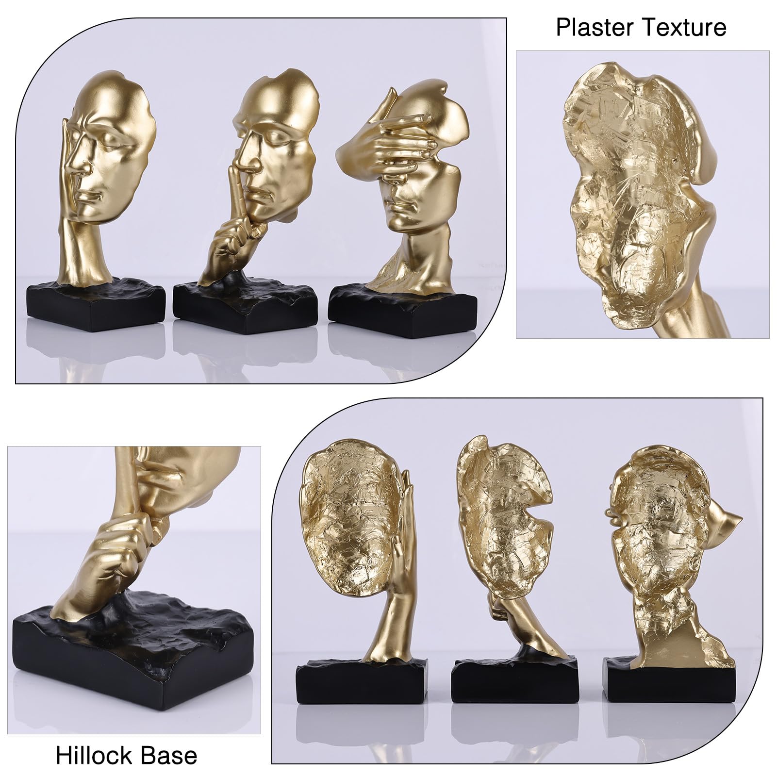Set di 3 statue del pensatore con scritta in inglese "See No Evil Hear No Evil Speak No Evil, No Evil, No Evil, Scultura astratta, in resina, decorazione per casa, ufficio, soggiorno, mensola