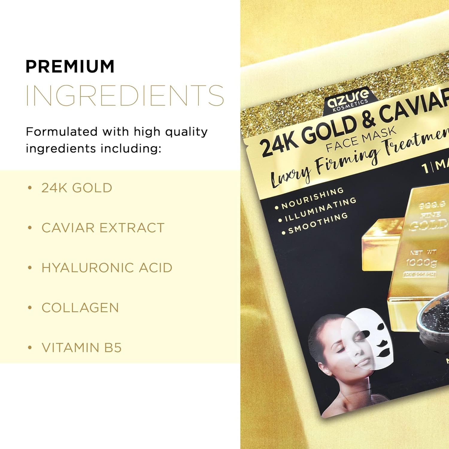 AZURE 24K Gold and Caviar Anti Aging Luxury Face Mask - Hydrating & Firming Facial Mask - Helps Reduce Wrinkles & Fine Lines with Hyaluronic Acid & Collagen - Skin Care Made in Korea - Pack of 10 - Image 2