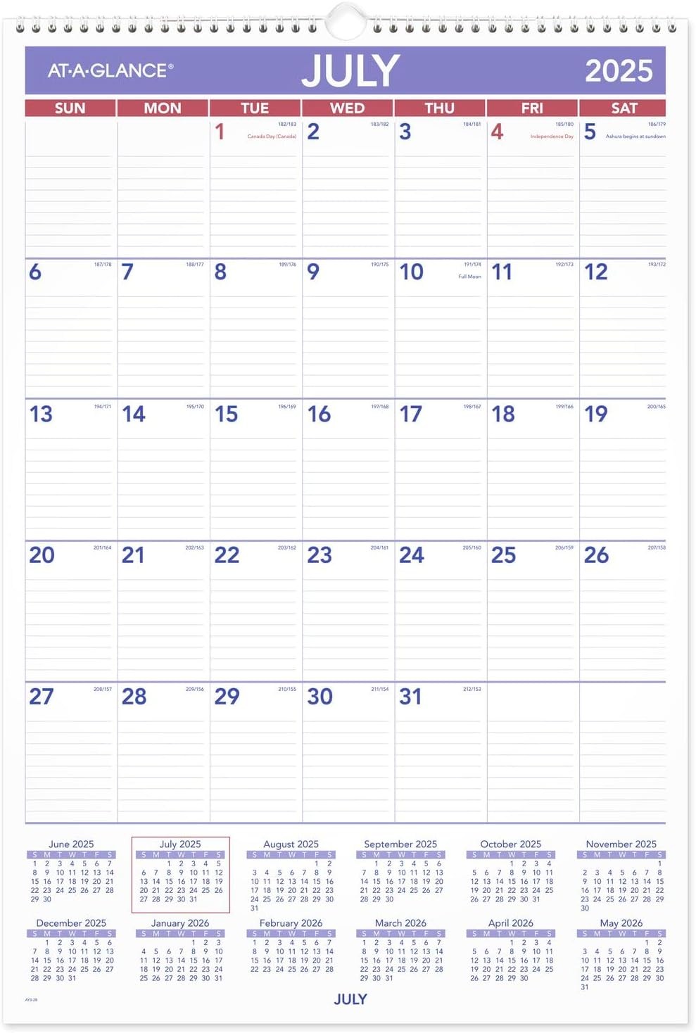 AT-A-GLANCE Wall Calendar 2025-2026 Academic, Monthly, 15-1/2" x 22-3/4", Large, Ruled Daily Blocks (AY328)