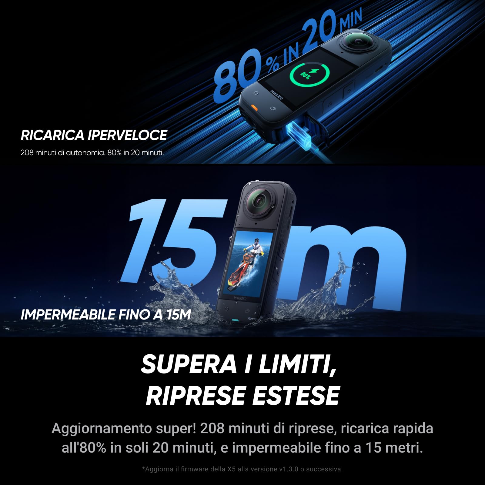 Insta360 X5 Pack Moto - Camera Impermeabile 8K 360º, Obiettivi Sostituibili, Batteria con Autonomia 3 ore, Audio Nitido, Stabilizzazione, Selfie Stick Invisibile, Bassa Luce