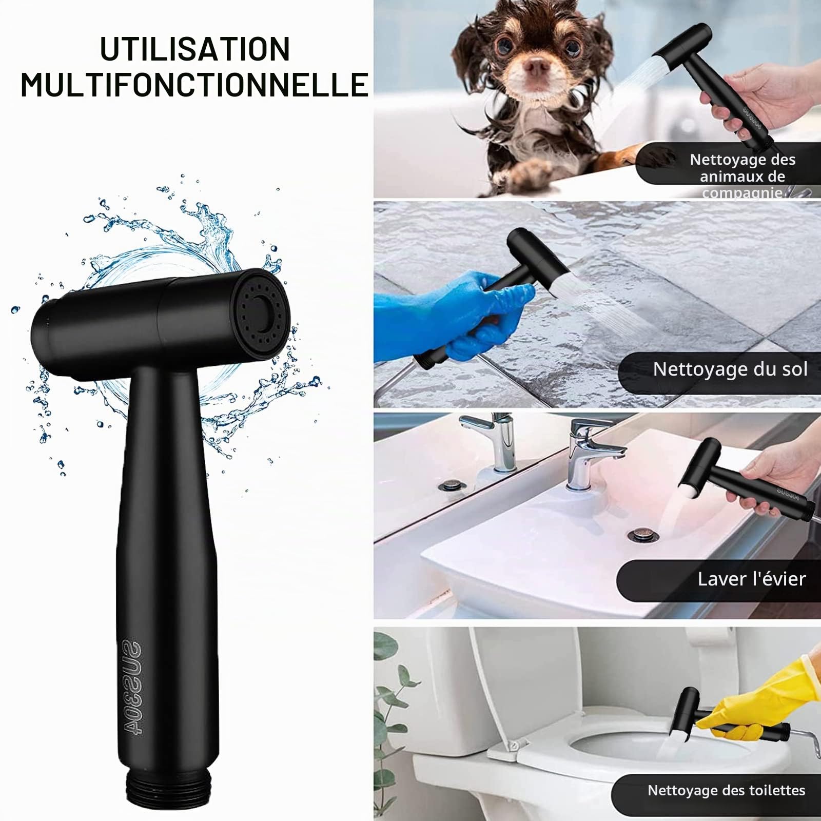 Kit Douchette wc - avec crochet de réservoir et tuyau de douche flexible de 122 pouces rétractable pour l'assainissement de l'eau, toilettes, bidet, pistolet de pulvérisation, salle de bain (noir)