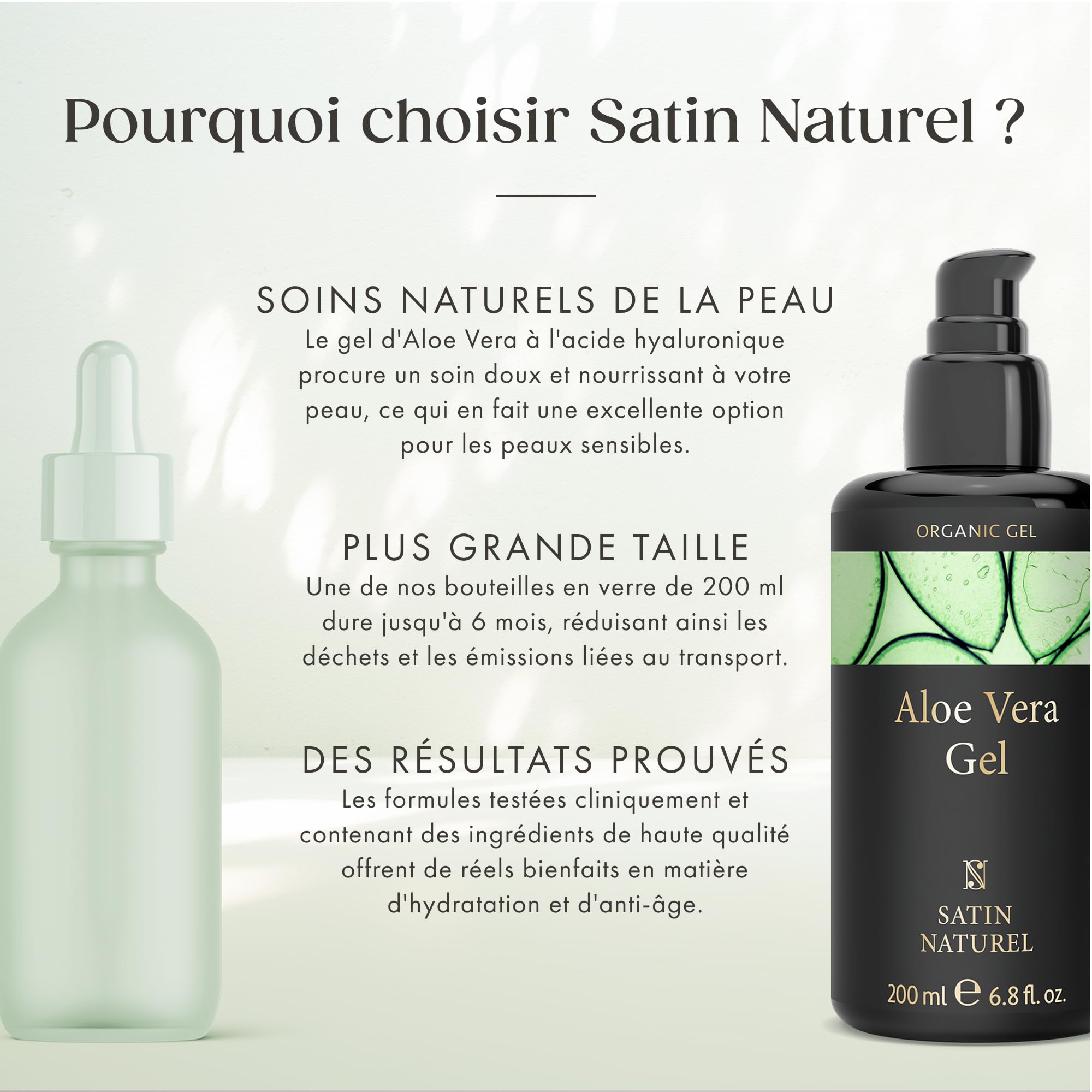 Satin Naturel Gel Aloe Vera Bio 200 ml – 100% Vegan & Cosmétique Naturelle – Gel d’Aloe Vera Concentré – Avec Acide Hyaluronique & Panthénol – After Sun & Soin Hydratant Visage, Corps & Cheveux