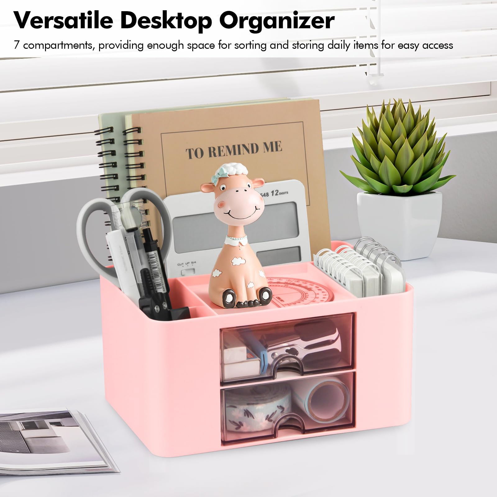 Lunhoo Desk Organizer, Cosmetic Organizer with 2 Drawers and 5 Compartments, Multifunction Pen Holder for Office, Dresser, School – Pink