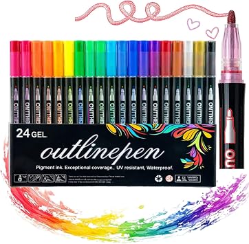 Dreamy Sparkla Dual-Line Outline Marker Set 12/24/36/48 Colors Shimmer Glitter Highlighters Contours Pen Double Line Outlining Markers For Easter Greeting Cards, DIY Doodling 24Colors