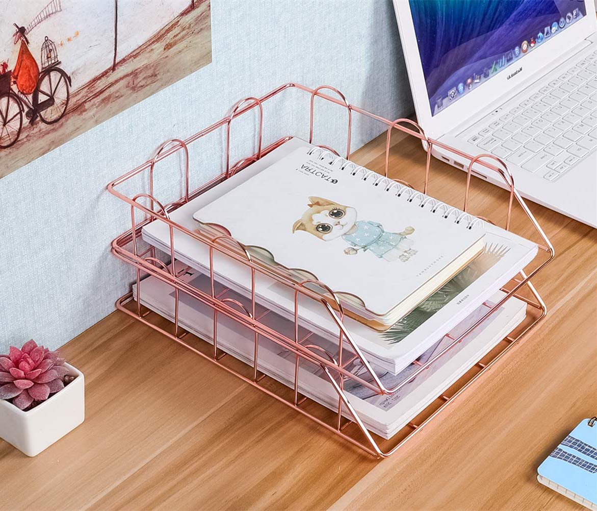 Organizador de Escritorio EasyPAG A4 Metal 2 Niveles Bandejas Apilables Oro Rosa