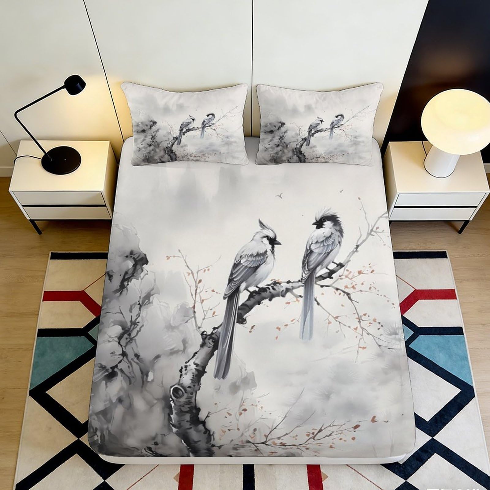 Jqzkxnhpbr Style-9 3D Printed Ink Wash Parrot Fitted Sheet Microfiber Soft Breathable Bird Branch Bed Cover For Bedroom Decor 90X200x25cm