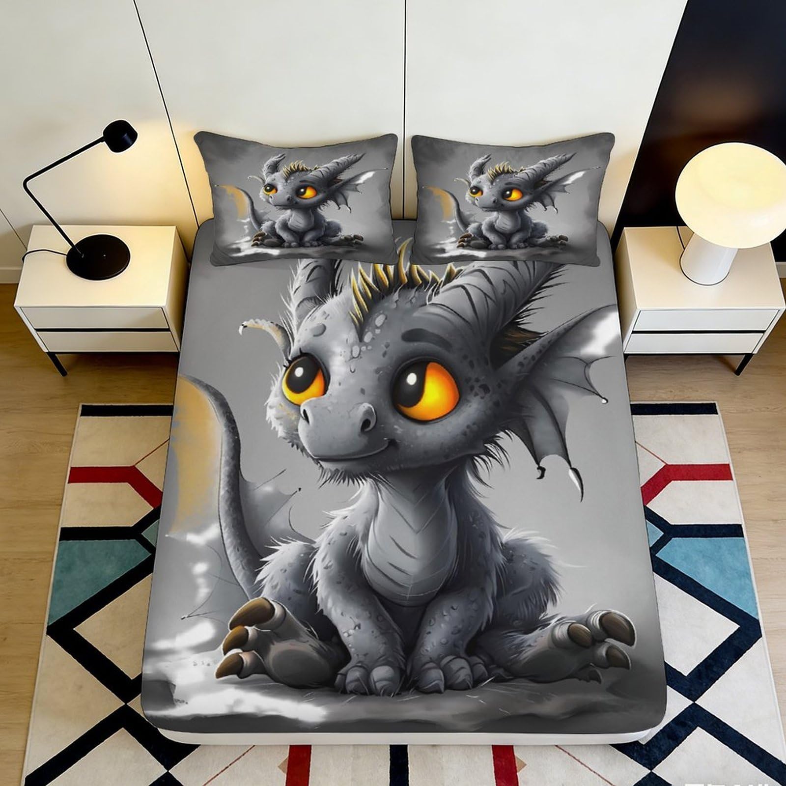 3D Printed Cute Grey Dragon Fitted Sheet Microfiber Soft Breathable Fantasy Cartoon Mattress Cover for Bedroom Dorm Decor 90x200x25cm